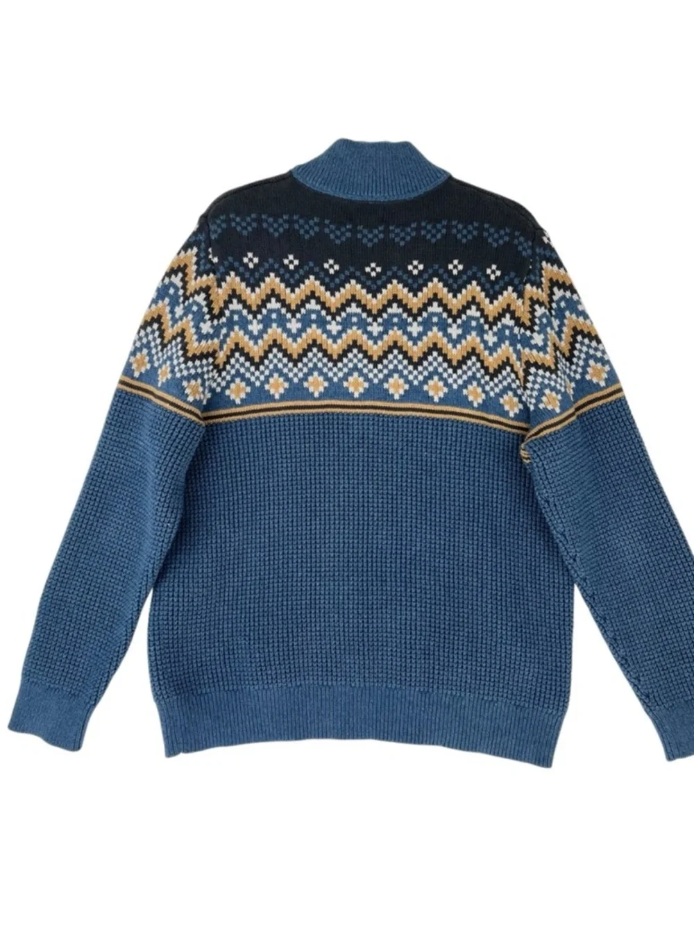 Vintage LL Bean Sweater Fair Isle Waffle 1/4 Zip Pullover Blue Cotton XL Y2K